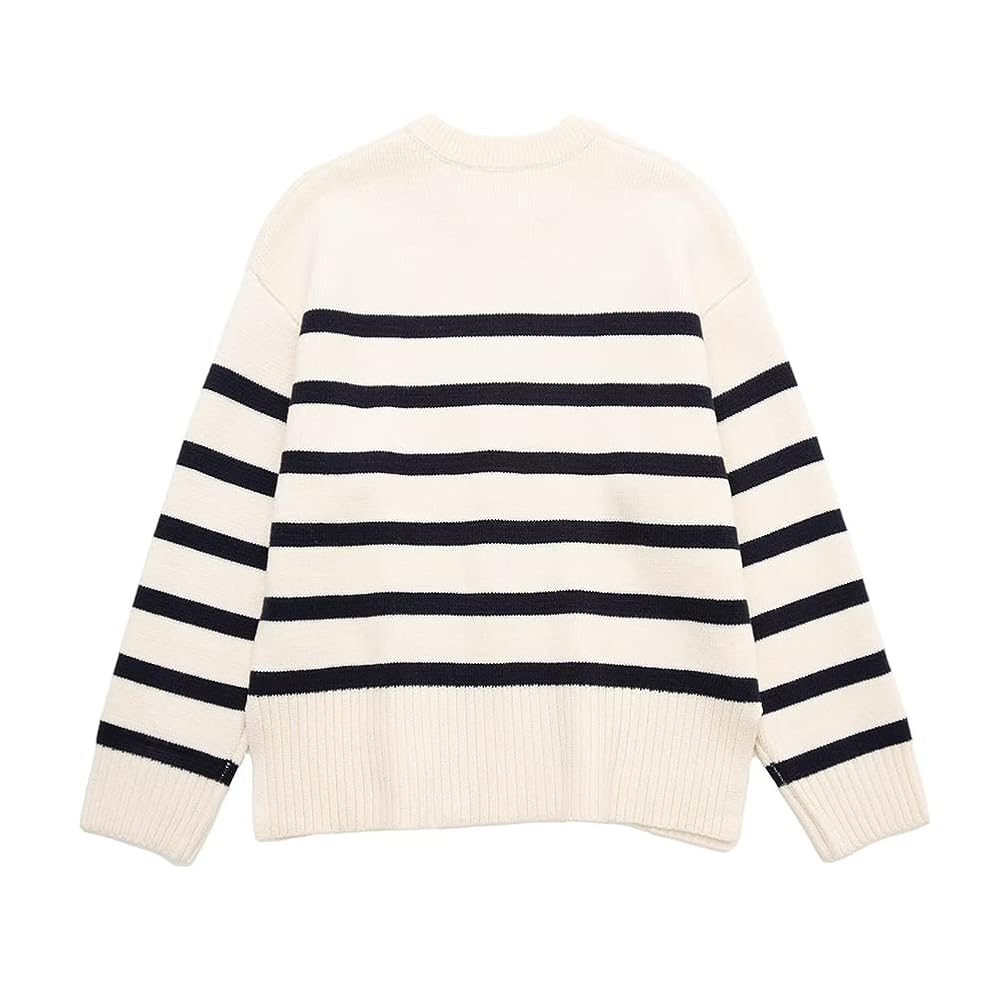新品　WOMEN’S WR STRIPE CREW NECK KNIT S Women's Classic Striped Long Sleeve Knit Sweater Crew Neck